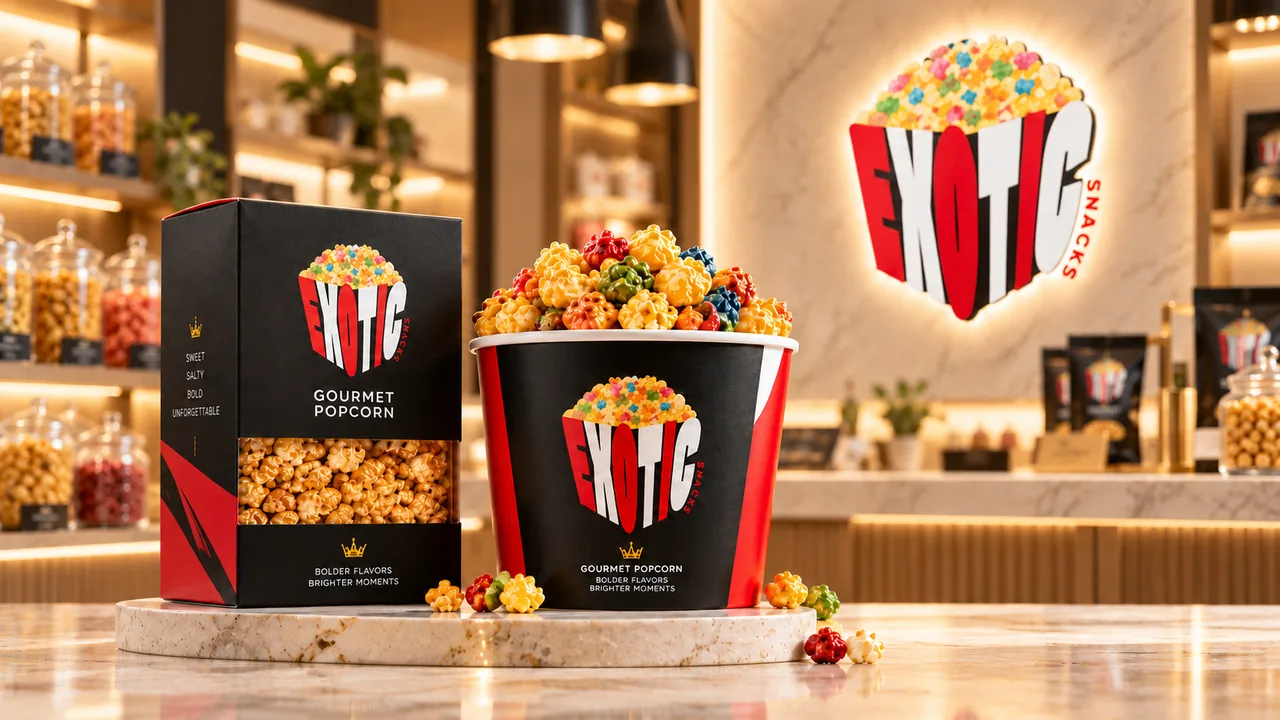Exotic Snacks JA gourmet popcorn, boxed and bucketed on a marble counter under the shop's lit sign.